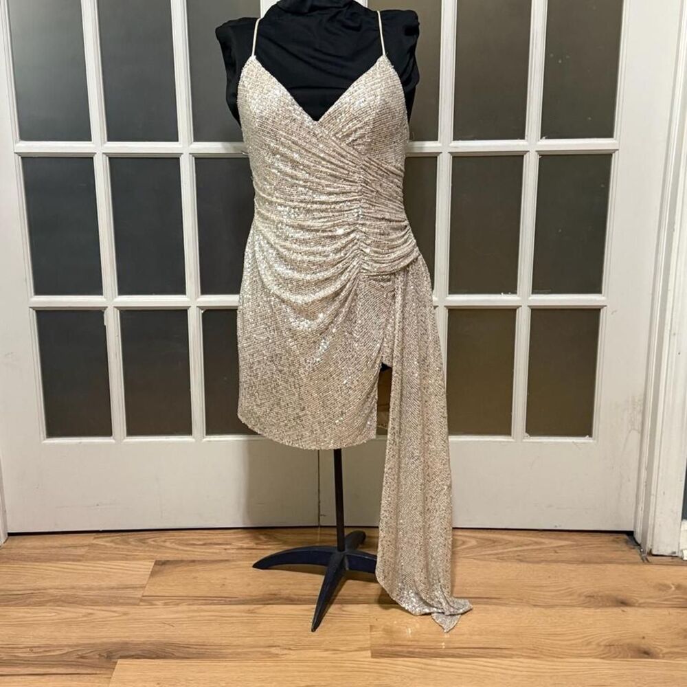 GB Social Ruched Sequin Asymmetrical Hem Tie-Back Mini Dress